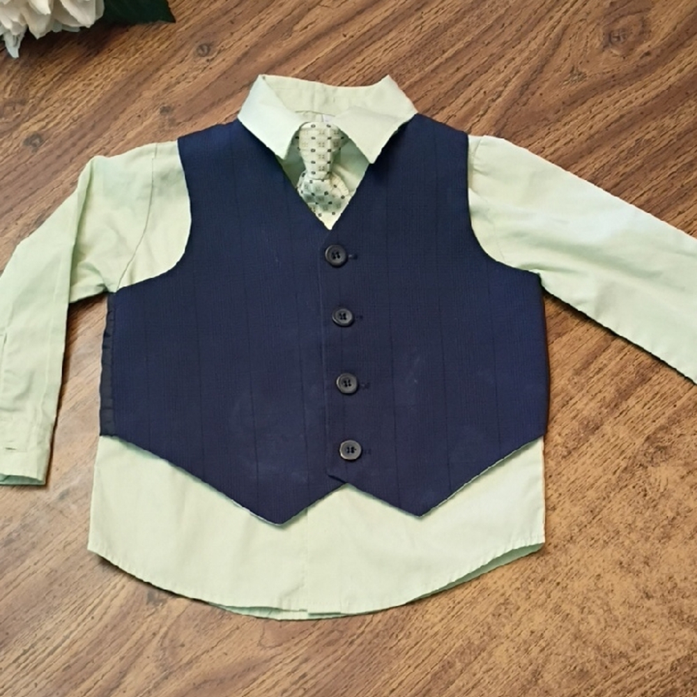 🩷George 24 Months Boys Navy Vest with Green Shirt and Tie Set
